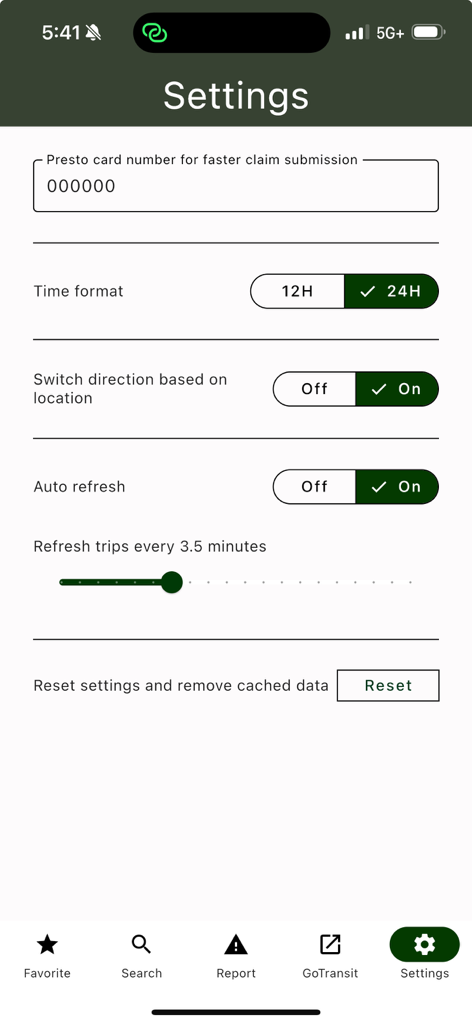 Tela de configurações do aplicativo Go Rider com opções para solicitações de cartão Presto e atualização automática de viagens