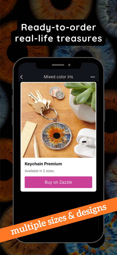 Eyepic: Eye Color Camera - Eine mobile App-Oberfläche zeigt einen Premium-Schlüsselanhänger mit einem hochauflösenden Iris-Foto