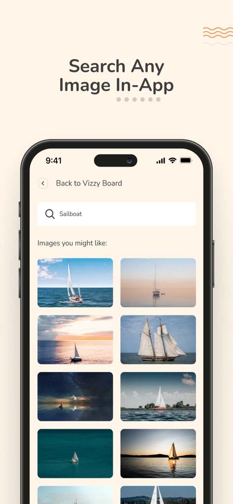 2026 Vision Board Maker Vizzy - Mobile screen showing the image search feature in Vizzy with various sailboat photos for a vision board.