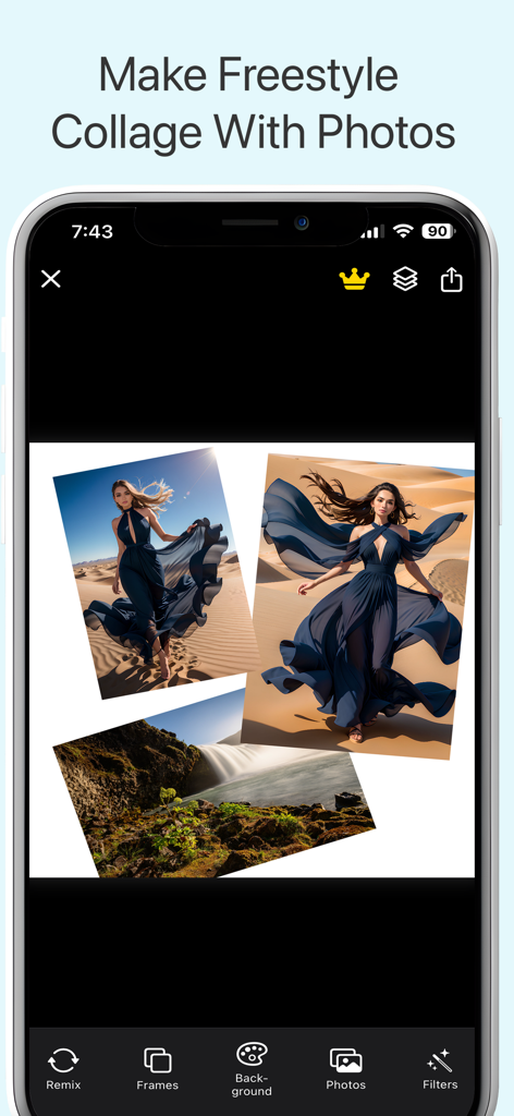 白い背景に3枚の写真を重ねたフリースタイルのフォトコラージュを表示するモバイルアプリのインターフェース。