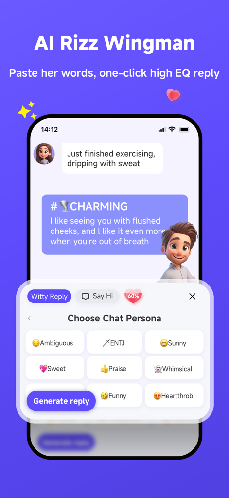 AI Rizz Wingman keyboard interface showing different chat personas and a sample charming AI generated reply for dating apps.