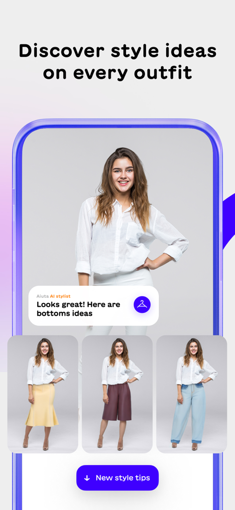 Aiuta – AI Stylist - Captura de pantalla de la aplicación Aiuta que muestra a un estilista de IA proporcionando diferentes opciones inferiores para una camisa blanca, incluyendo una falda, shorts y jeans.