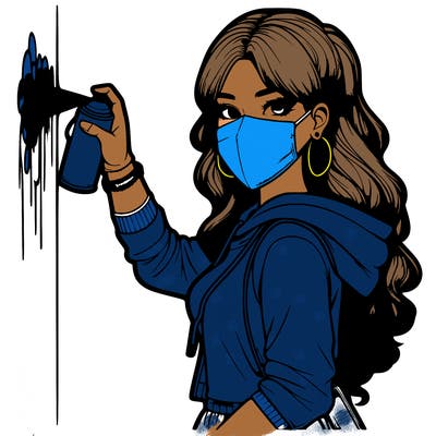 realistic girl with mask spray painting a wall