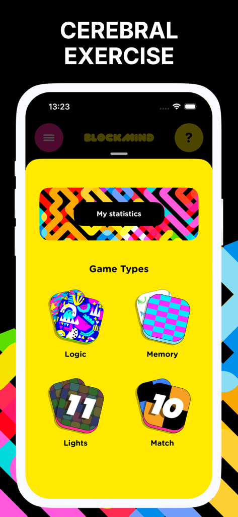 Senior brain games BlockMind - Menú principal de la aplicación BlockMind que muestra cuatro categorías de juegos cognitivos: Lógica, Memoria, Luces y Emparejar.