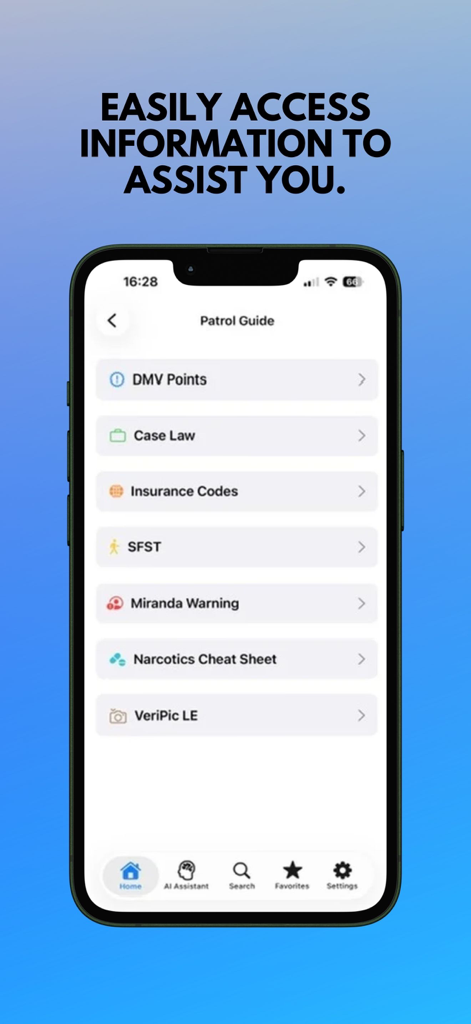 NY VTL app patrol guide menu showing law enforcement resources like DMV points and case law
