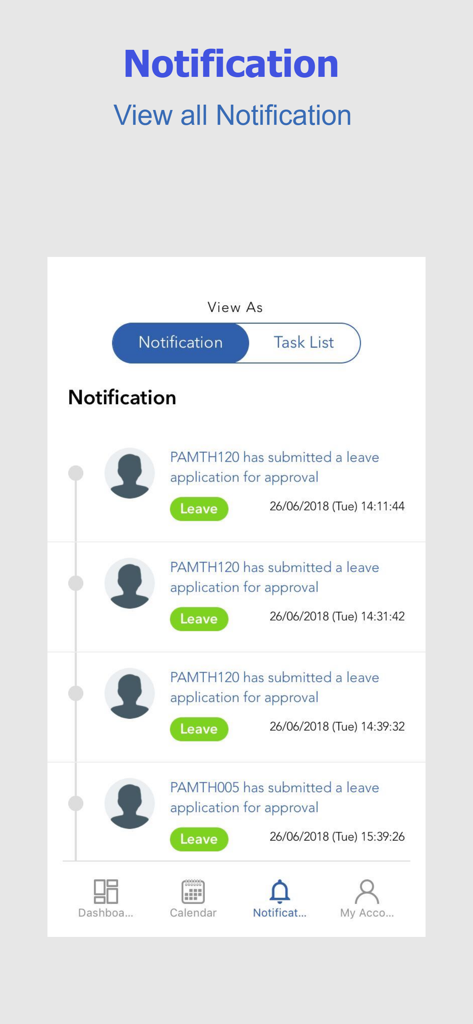 BIPO HRMS v2 - Mobile app interface of BIPO HRMS v2 showing a list of employee leave application notifications for approval.