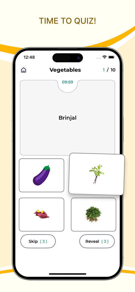 Learn English Through Gujarati - English vocabulary quiz screen showing a question about vegetables with image options.