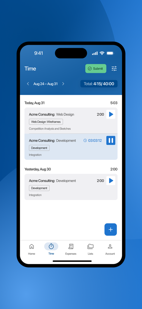 BigTime: Mobile - Pantalla de la aplicación BigTime Mobile que muestra el registro de tiempo facturable para proyectos de consultoría