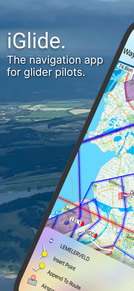 iGlide navigation app interface for glider pilots showing a flight map with airspaces and waypoints over an aerial view background