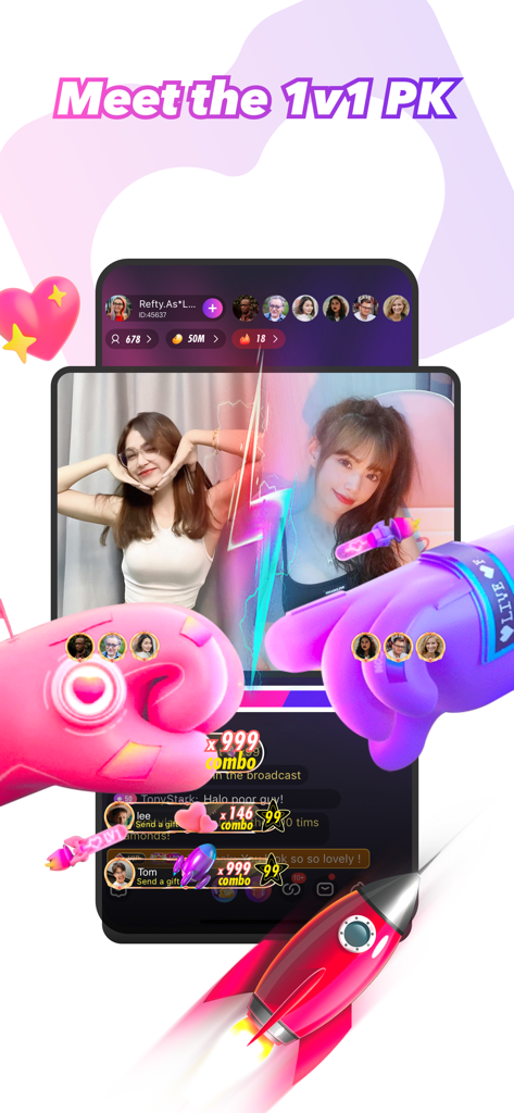 Mango Live 앱 인터페이스, 분할 화면 및 가상 선물 애니메이션과 함께 두 명의 여성 호스트 간의 1:1 PK 전투 표시