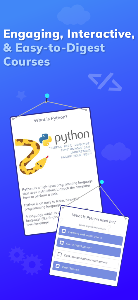 Programming Hub: Learn Coding - Lecciones interactivas de Python e interfaz de cuestionarios en la aplicación Programming Hub.