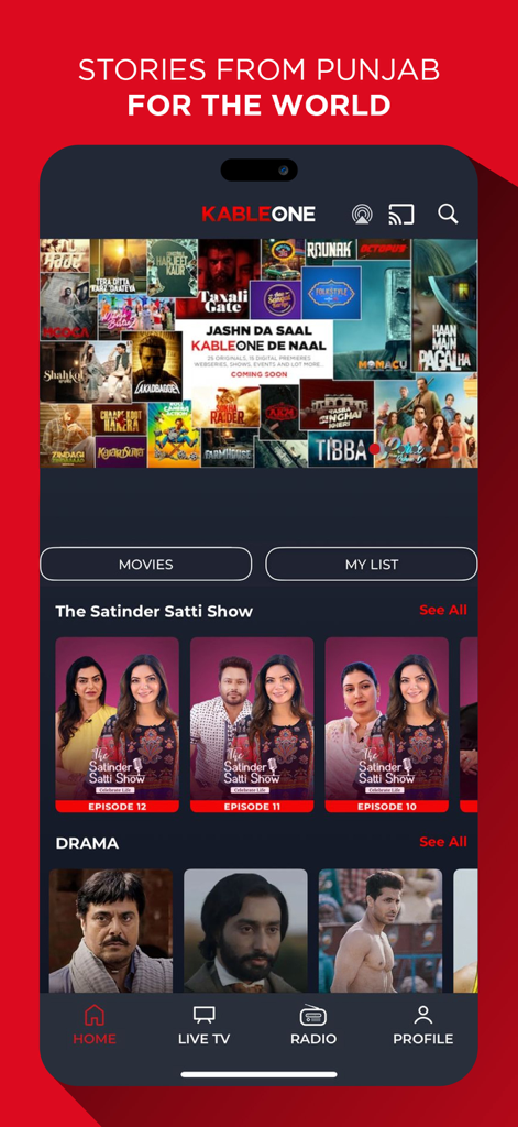 KableOne - Home of Punjabi OTT - KableOne mobile app interface showing Punjabi movies and TV series.