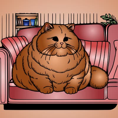 a realistic fat and fluffy adult cat on a sofa