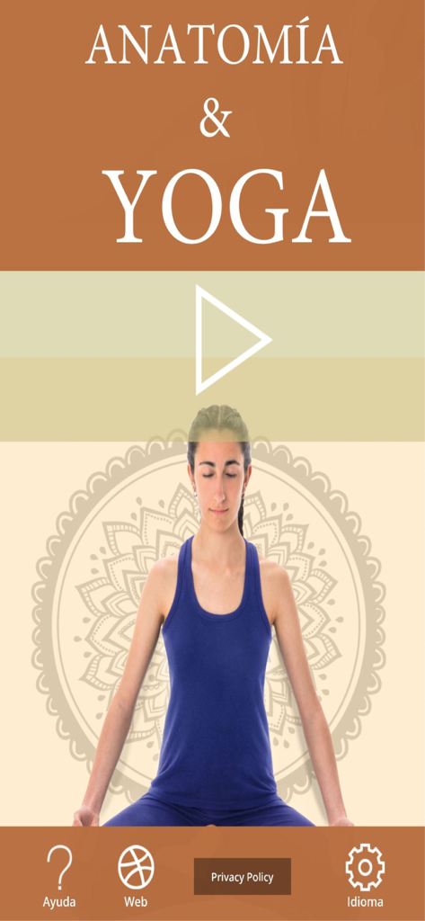 Home screen of Anatomy and Yoga AR app showing a woman in meditation