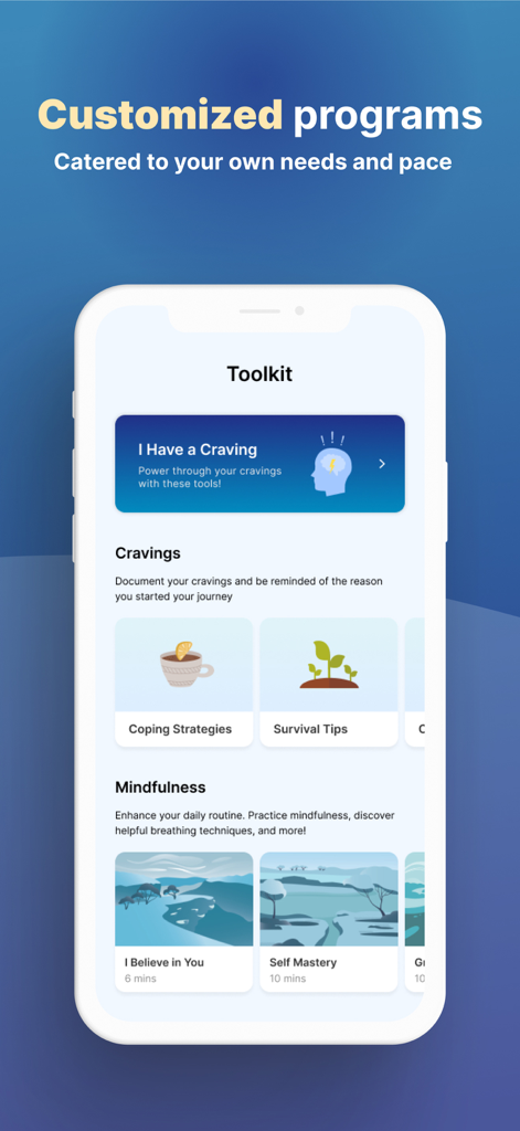Interface of the Reframe app toolkit showing customized programs for craving management and mindfulness practices