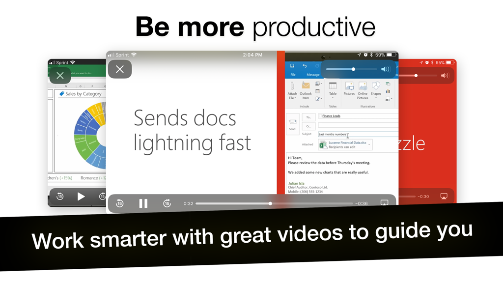 Uma interface móvel mostrando tutoriais em vídeo e guias para aplicativos de produtividade do Microsoft Office