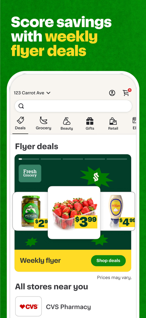 Instacart app interface showing weekly flyer deals for grocery items like strawberries and pickles