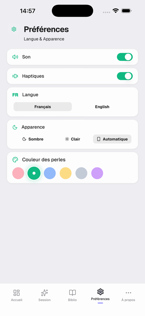 Chapelet Digital Zikr - Tasbih - Interface des paramètres de l'application Chapelet Digital Zikr avec personnalisation du son, de la langue et du thème