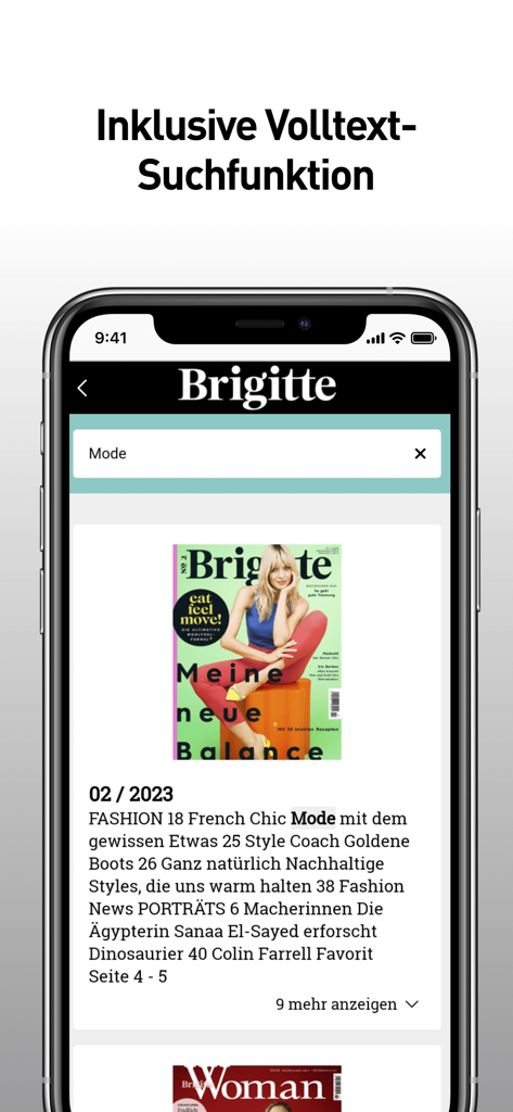 BRIGITTE - Das Frauenmagazin - L'interface de l'application du magazine Brigitte montrant les résultats de recherche en texte intégral pour la mode