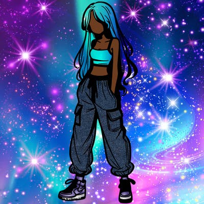 girl in baggy pants crop top and long hair