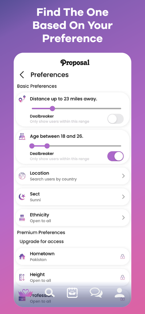 Proposal: Muslim Marriage - Preferences screen of the Proposal Muslim Marriage app showing filters for distance age sect and ethnicity