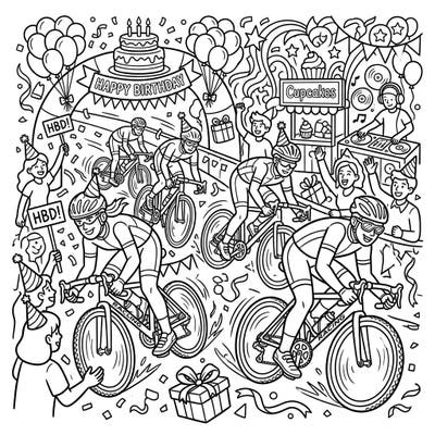 Celebrate a birthday with speed and style! This dynamic coloring page brings together the excitement of a cycling race with a lively teen birthday party, packed with festive details.
