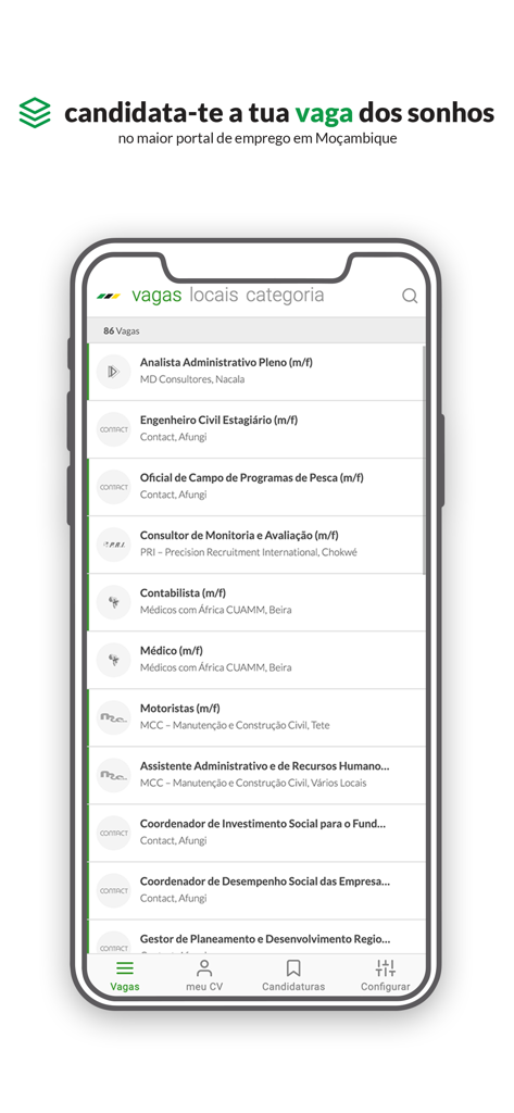 Uma tela de aplicativo móvel mostrando uma lista de vagas de emprego em Moçambique, incluindo cargos para engenheiros, médicos e contadores