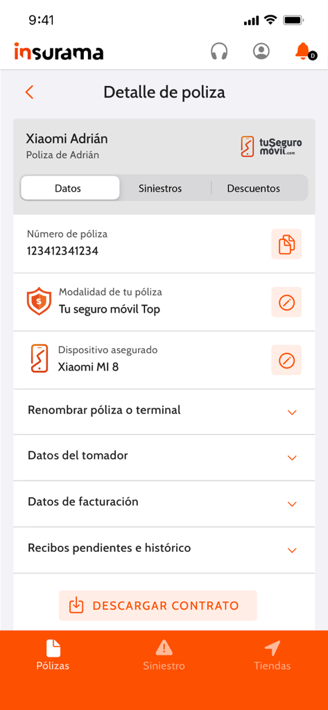 Insurama - Pantalla de la app Insurama que muestra los detalles de la póliza de seguro móvil, incluido el número de póliza y el dispositivo asegurado.