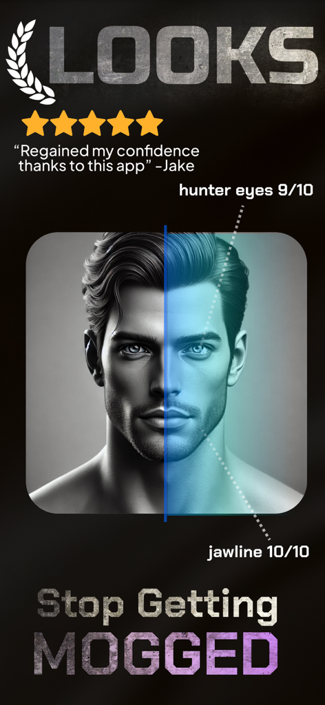 Mogger: LooksMax AI - Mogger app screenshot showing AI facial analysis for hunter eyes and jawline with a user rating