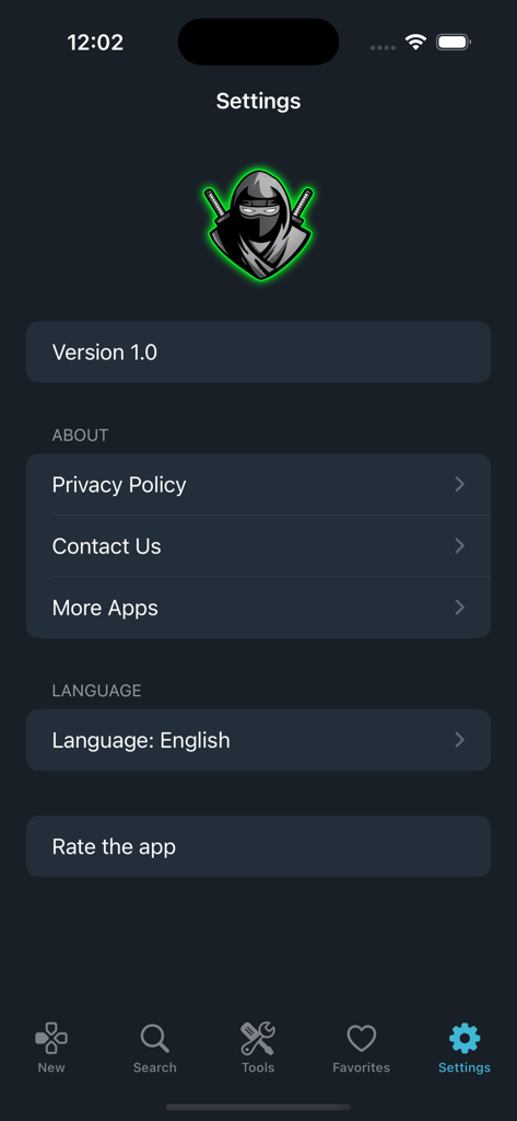 Delta Executor V2 Tools - Interfaz de configuración de la aplicación Delta Executor V2 Tools con un logo de ninja y opciones de menú como política de privacidad y selección de idioma.