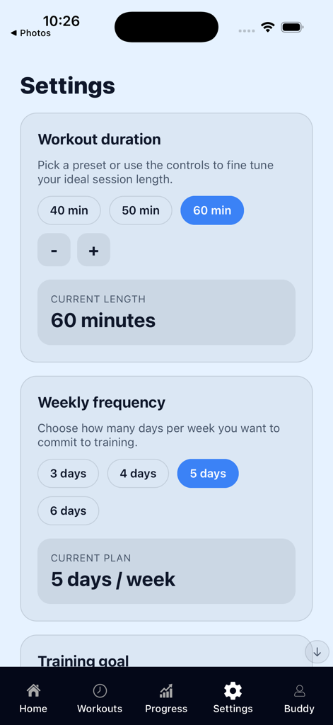 GymBuddy 1 - GymBuddy 1 app settings screen for selecting workout duration and weekly frequency