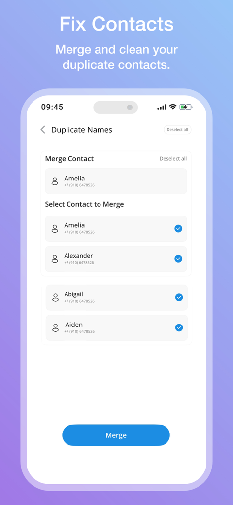 Interface of the Cleaner Kit app showing the Fix Contacts feature with a list of duplicate names ready to be merged