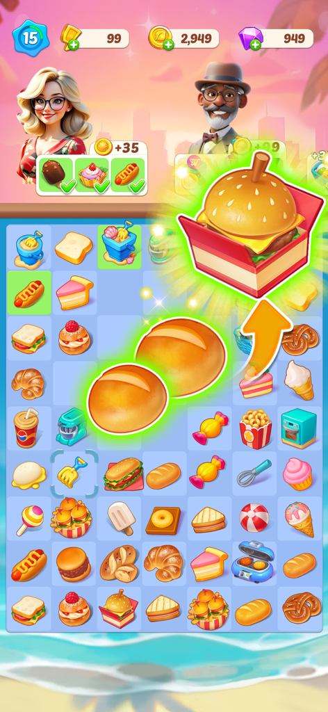 Happy Merge Seaside - Gameplay screen of Happy Merge Seaside showing bread rolls merging into a burger on a colorful puzzle grid with seaside characters.