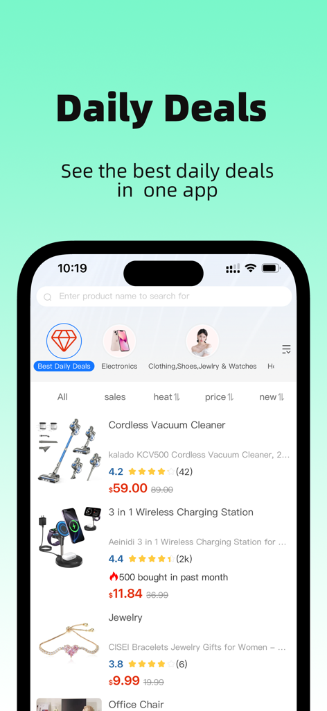 DealHurryUp - DealHurryUp mobile app interface displaying daily Amazon discounts on products like vacuum cleaners and charging stations