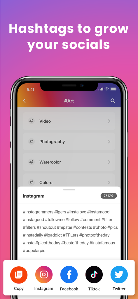 Hashtagify app screen displaying art category hashtags and export options for Instagram