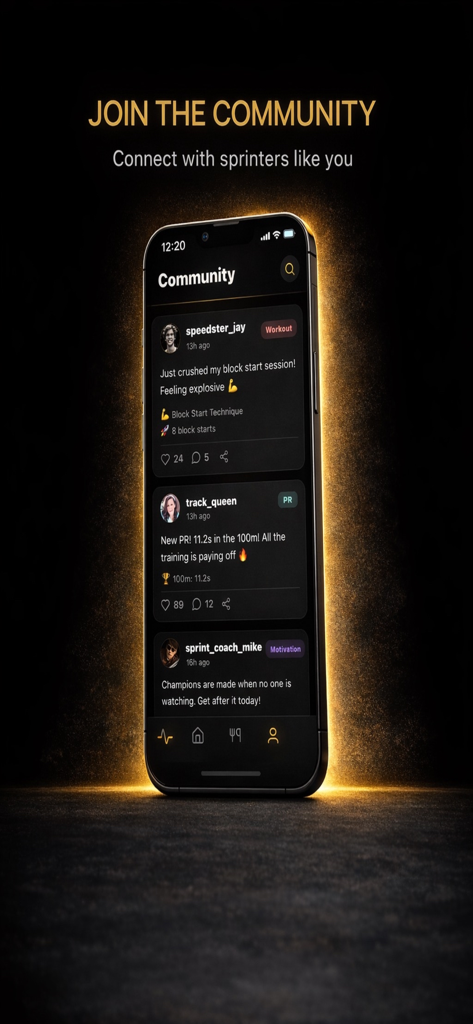 3AK - A smartphone displaying the 3AK app community screen where sprinters and athletes share training updates and performance milestones.