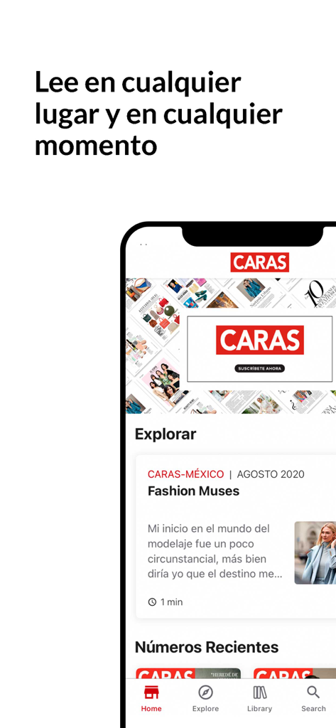 Caras Mexicoのライフスタイル記事とナビゲーションメニューを表示するモバイルアプリのインターフェース