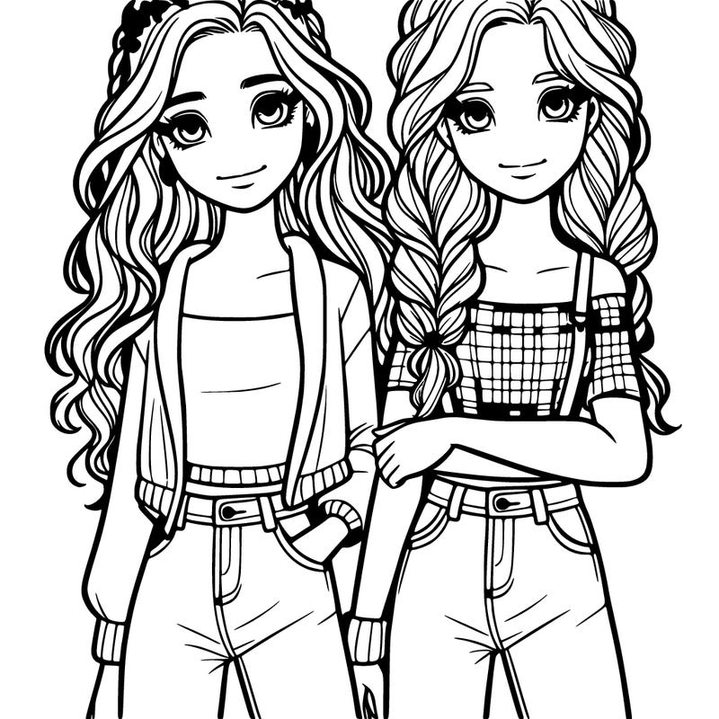 twin teenage sisters, one a girl with wavy hair and one girl with plaits and jeans