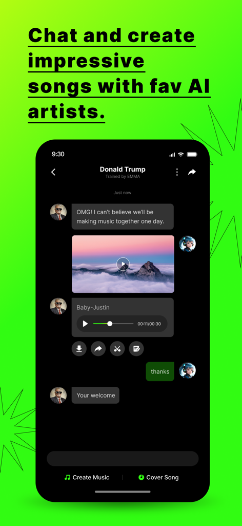 YourArtist.AI - AICover & Chat - Screenshot of YourArtist.AI app showing a chat interface with an AI artist to create song covers