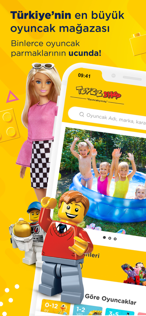 Interfaccia dell'app mobile Toyzz Shop con personaggi Barbie e LEGO per lo shopping di giocattoli.