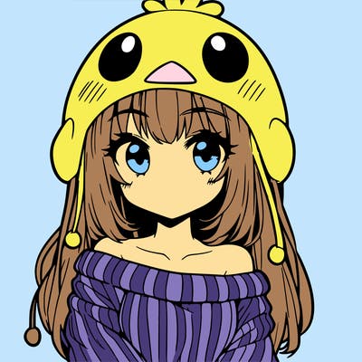 anime girl with chick shaped hat with sweater with bare shoulders with bangs covering them one eye with low tail