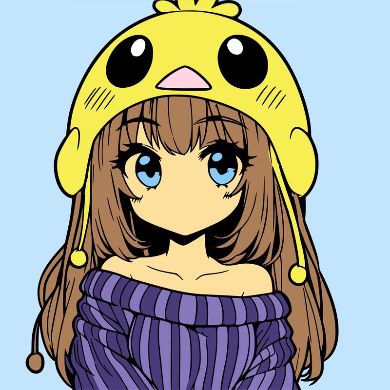 anime girl with chick shaped hat with sweater with bare shoulders with bangs covering them one eye with low tail