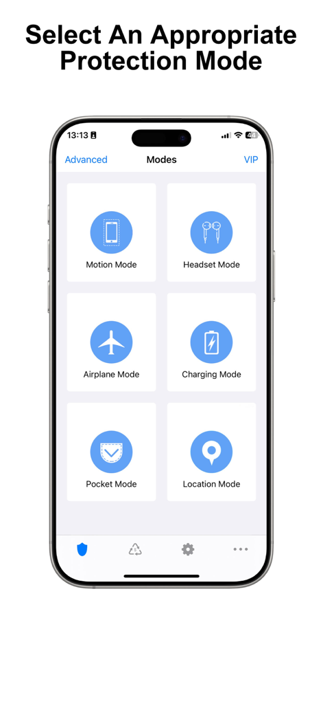 Anti Theft Alarm:SecurityAlarm - Interface de um aplicativo antifurto mostrando diferentes modos de segurança como modo de movimento e modo de bolso