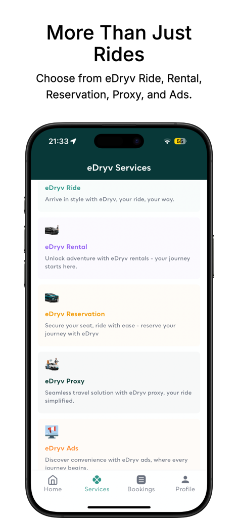 Screenshot of the eDryv app Services menu showing ride rental reservation proxy and ads options