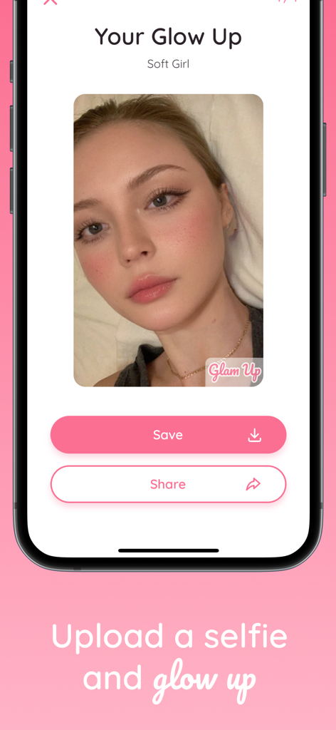 Glam Up - Perfect Your Look - Glam Up app interface showing a soft girl aesthetic facial analysis result on a selfie