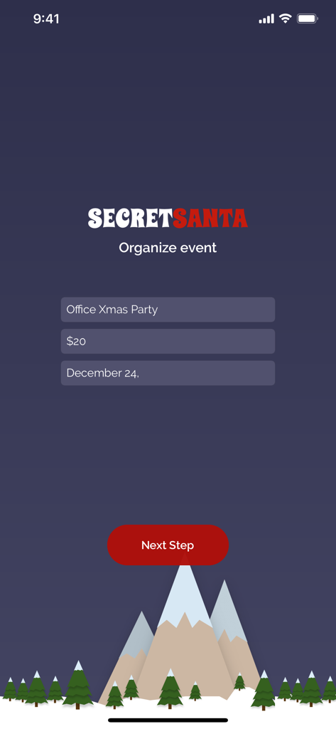 Secret Santa app interface for organizing a gift exchange showing fields for event name budget and date
