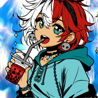 hot baddie anime girl drinking boba and biting the straw