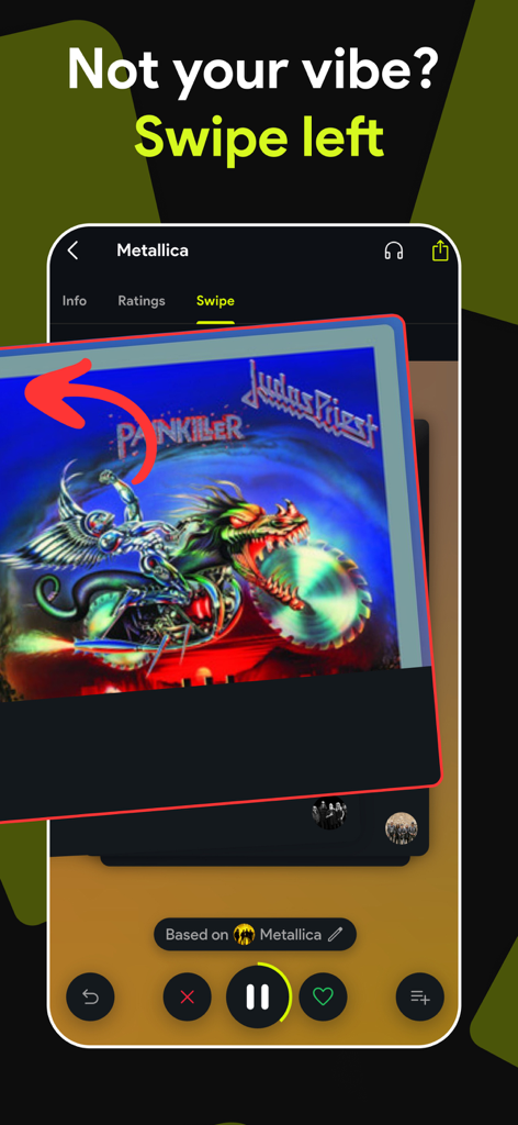 Interface of the Swipefy app showing the swipe left action to skip a song