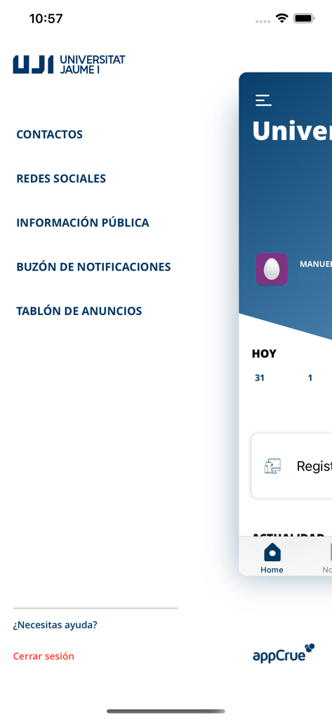 Menu de navegação lateral do aplicativo móvel UJI Universitat Jaume I exibindo seções para contatos, redes sociais e informações públicas