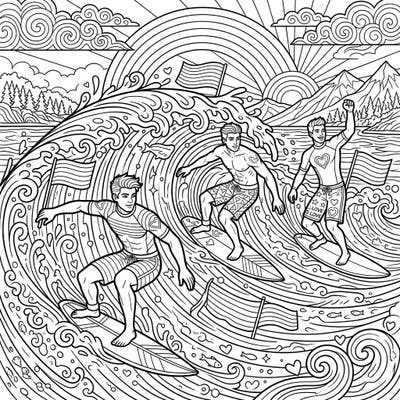 Celebrate love and diversity with this electrifying coloring page featuring three male surfers conquering powerful waves. Perfect for teens, this design combines the thrill of surfing with the vibrant spirit of Pride Month.